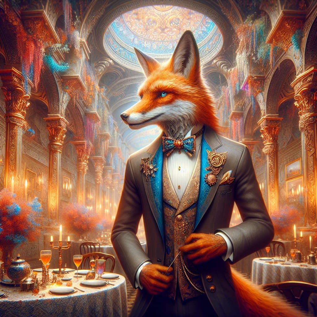 Stylish Anthropomorphic Fox at Dinner Party