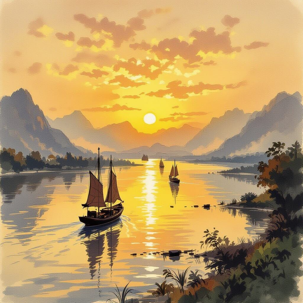 Pencil Sketch of Yangtze River in Golden Autumn Light
