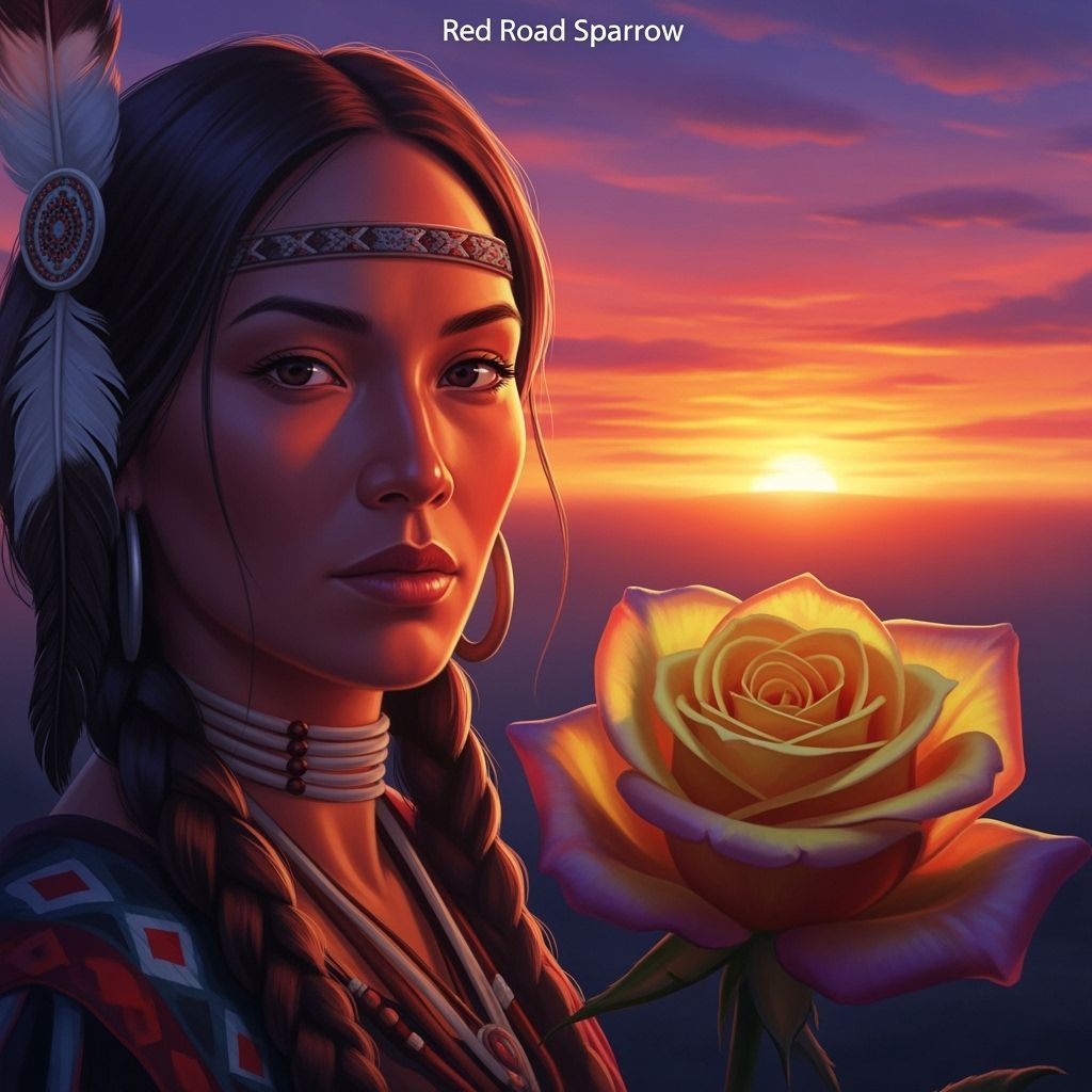 Native American Woman Observing Vibrant Sunset Over Rose