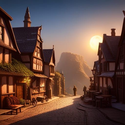 Sunset Over Detailed Medieval Town as Surreal Art