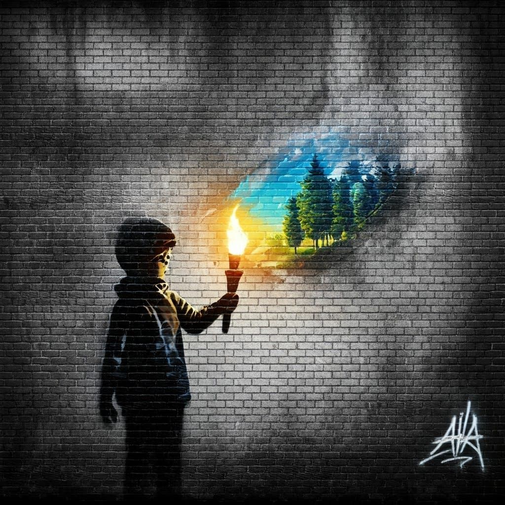 Banksy-Style Graffiti Mural of Child Lighting Landscape