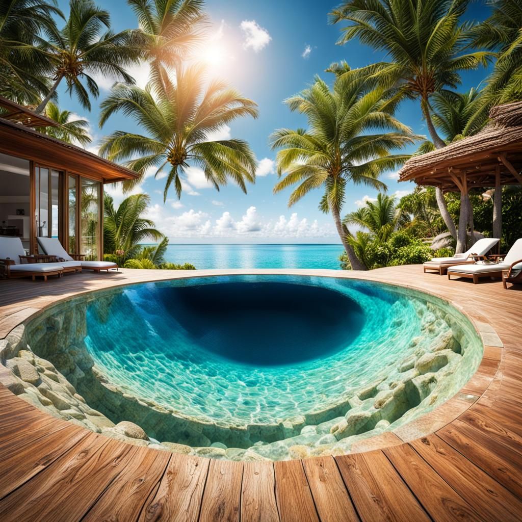 Human eye with  Bahamas beach inside. The eye inside an Infi...
