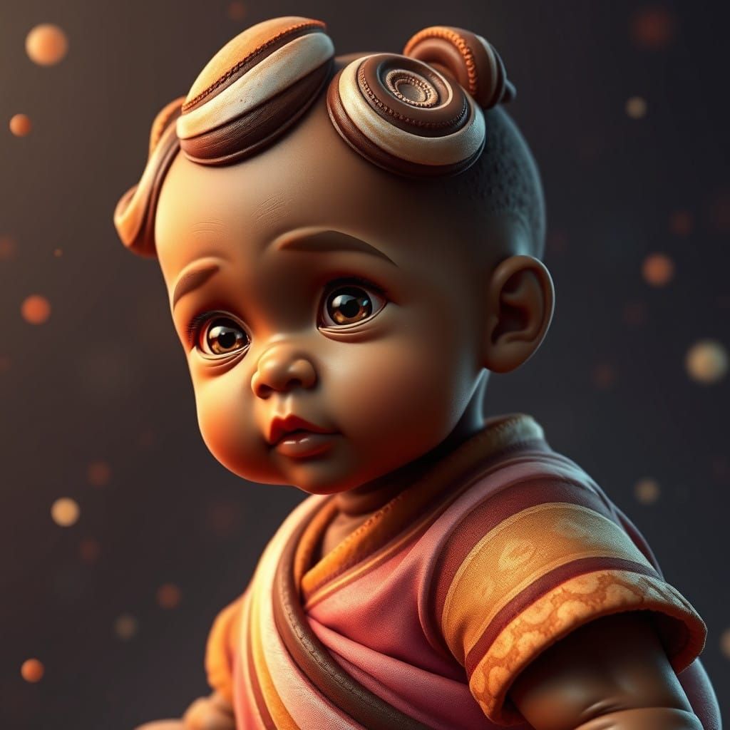 Whimsical Cinnamon Bun Baby Amidst Vibrant Fantasy Landscape