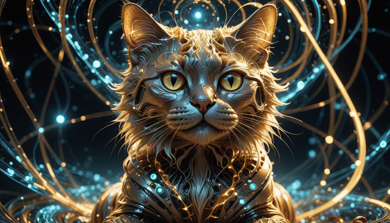 Surreal Physics Cat with Golden Spinors in Digital Art Style