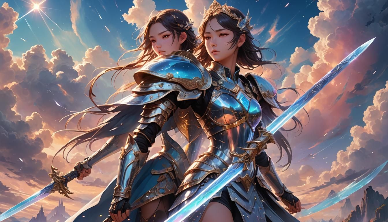 Armored Woman Warrior in Iridescent Crystal Sky