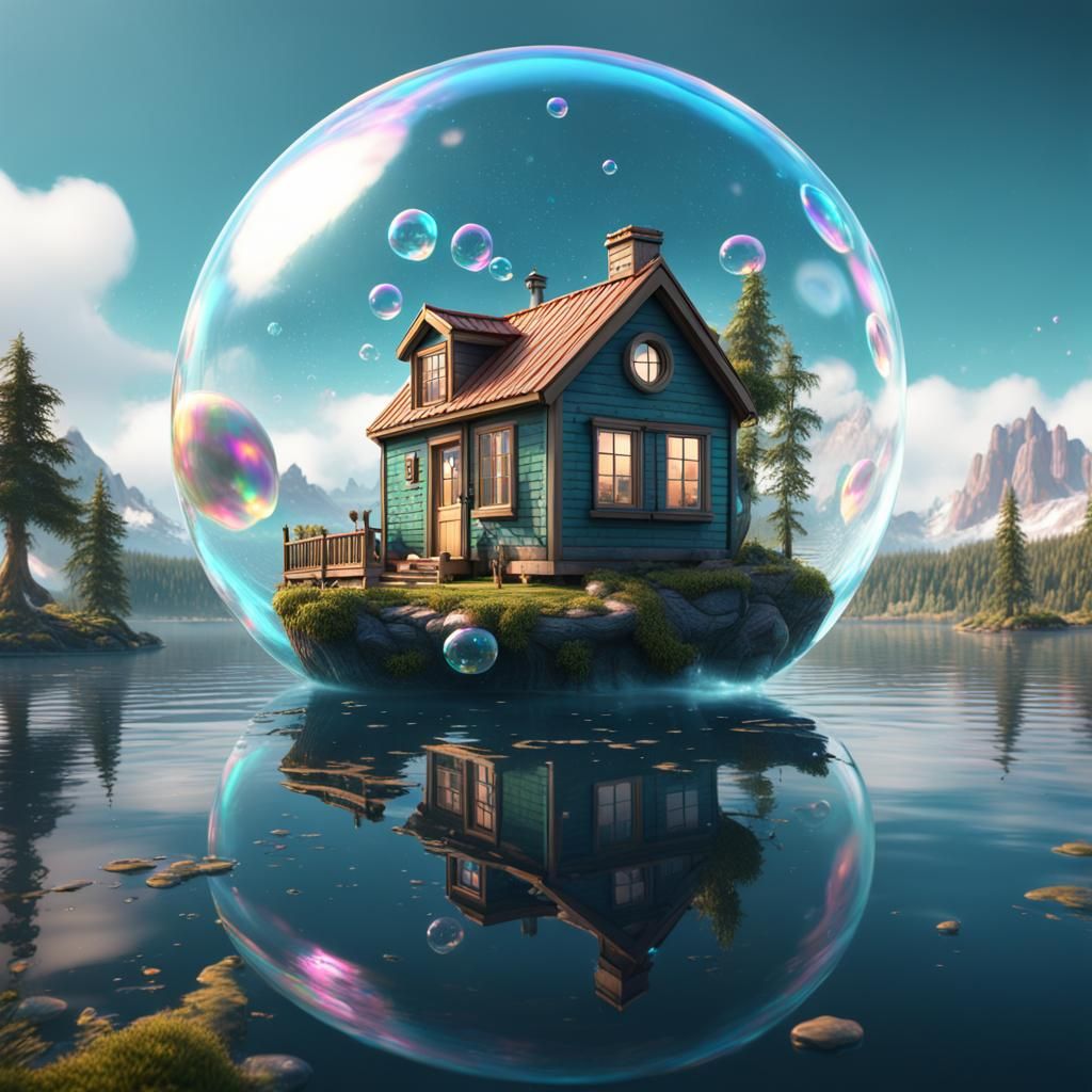 Tiny House in Soap Bubble on Lake: Fantasy Art