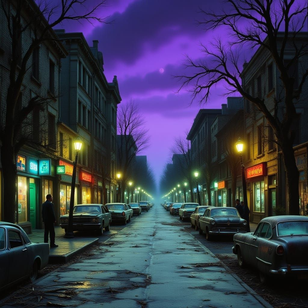 Eerie Holiday Nightmare City Street at Dusk