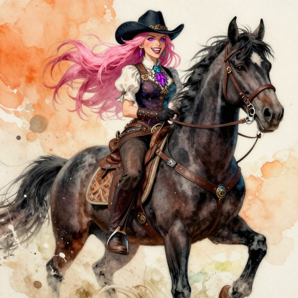 Gothic Cowgirl with Pink Hair and Black Horse in Wild West