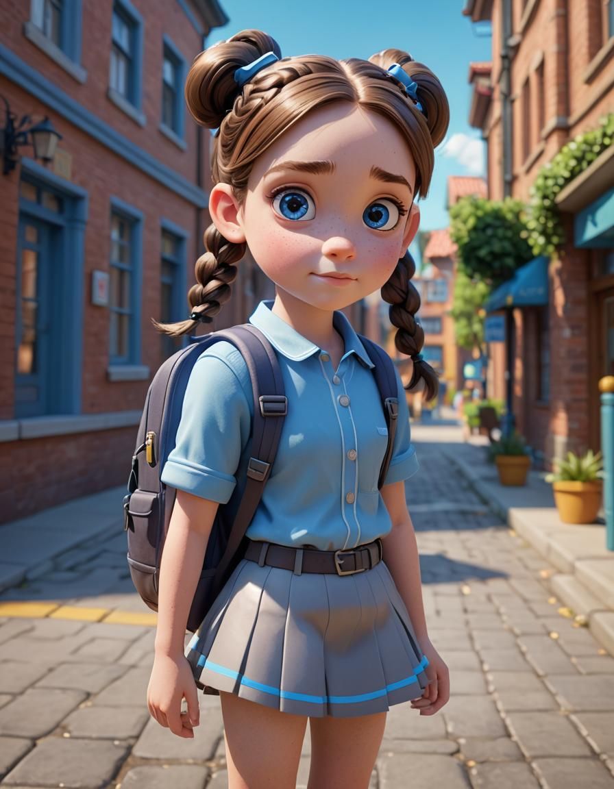 Adorable Schoolgirl with Pigtails: 3D Digital Art