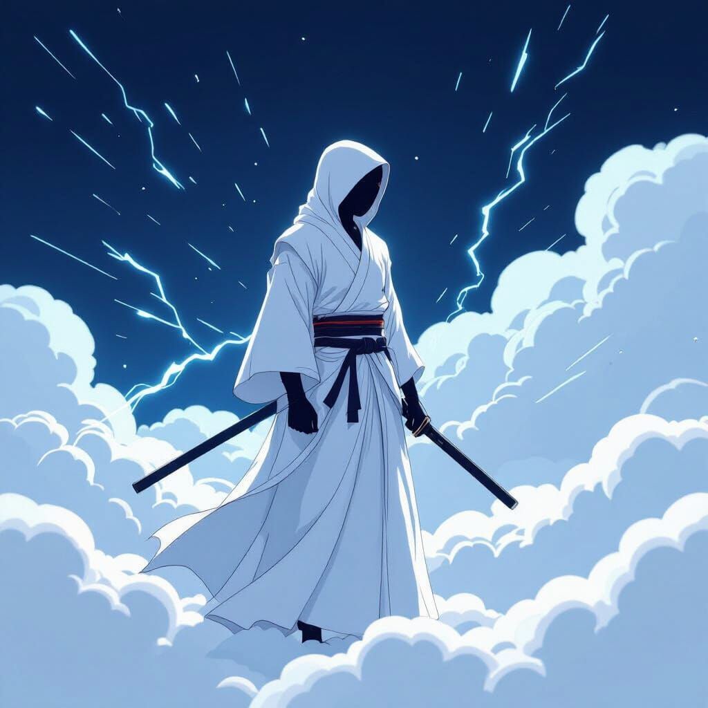 Ninja in White Robe Meditating in Clouds