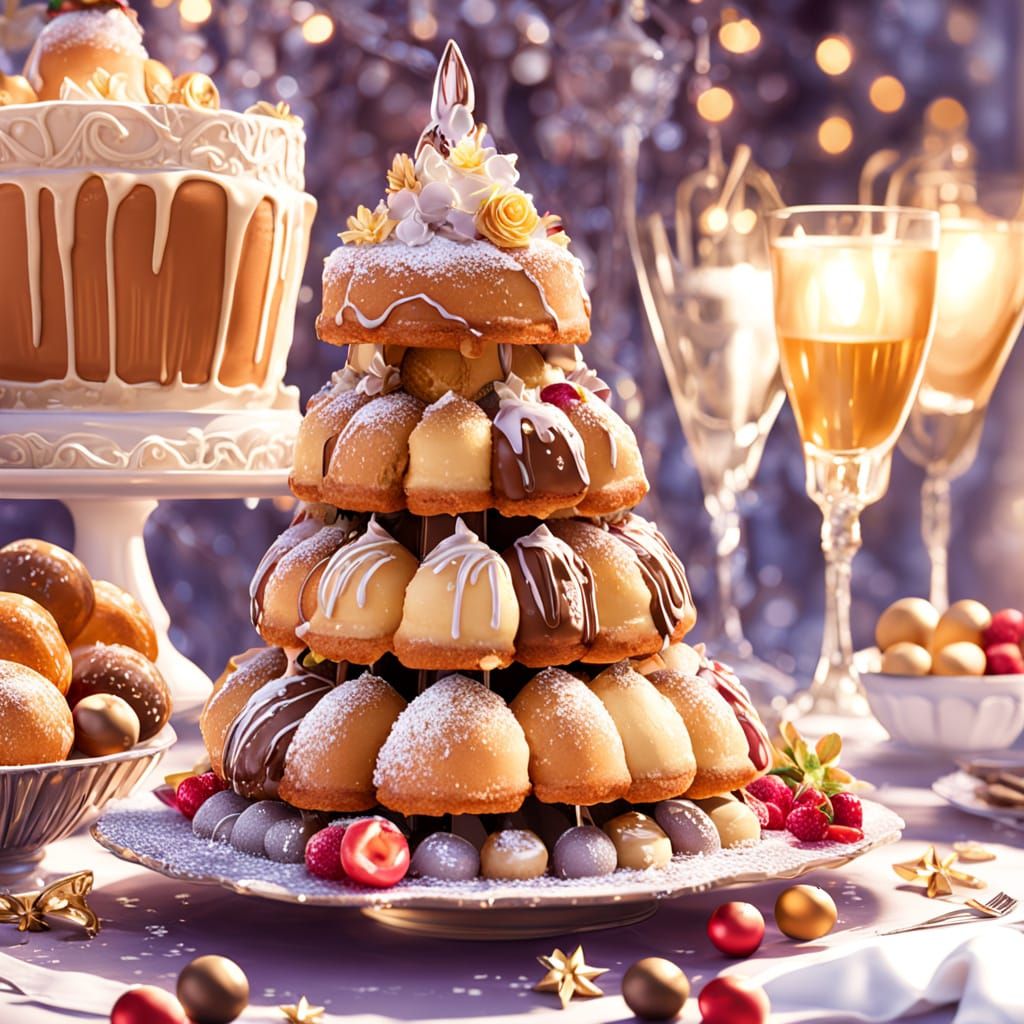Whimsical Holiday Dessert Tower in Vibrant Digital Illustrat...