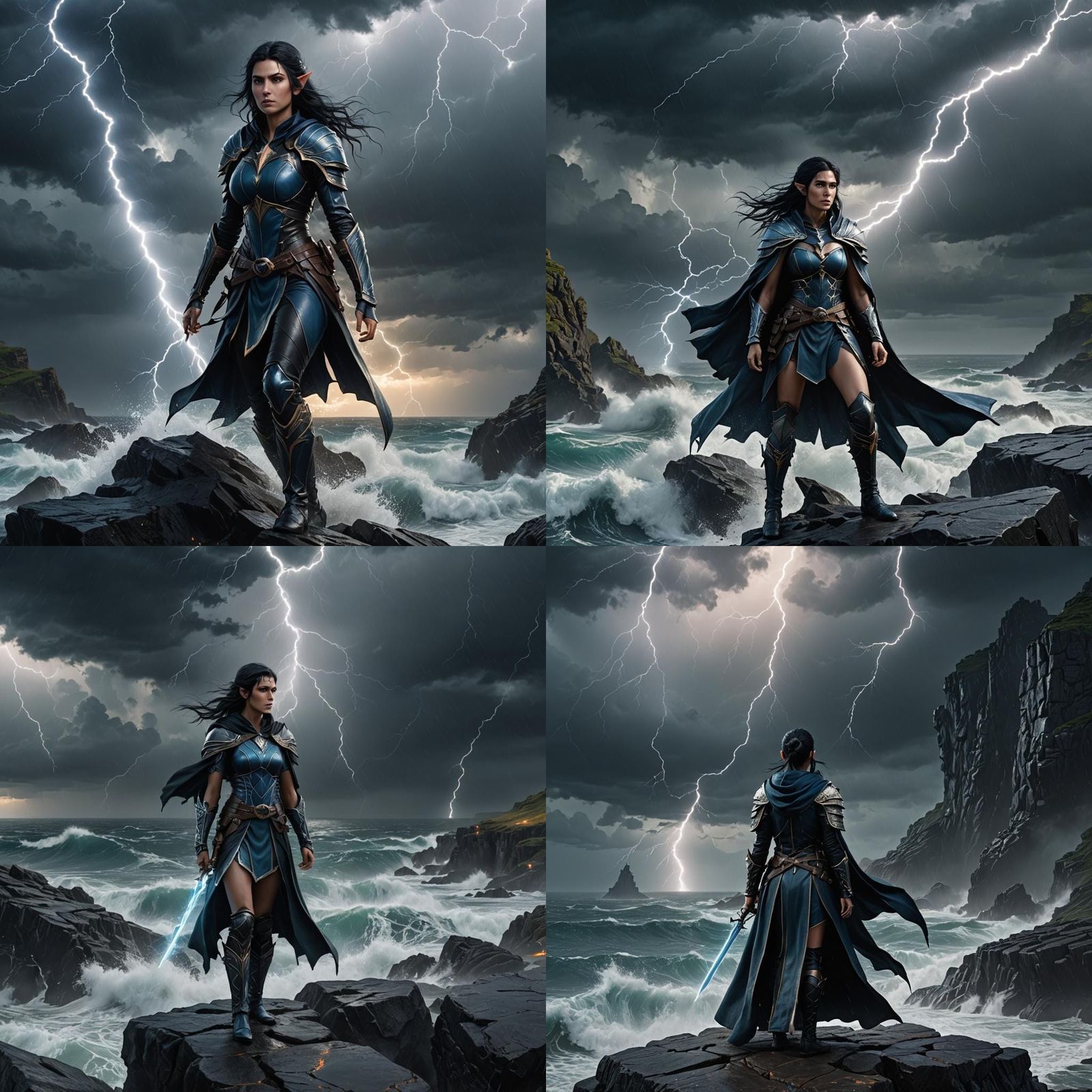 Blue Elf Meditating on Cliff in Storm