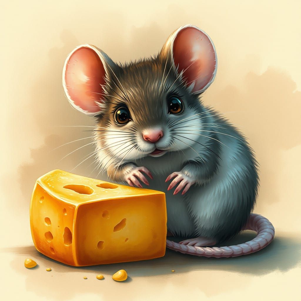 Whimsical Mouse Savoring Golden Cheese on a Watercolour Back...
