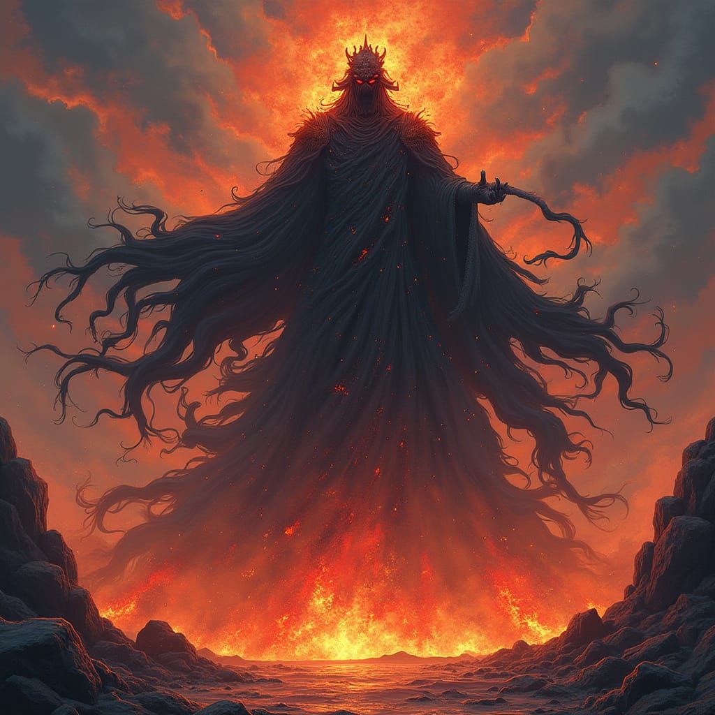 Colossal Lava God Emerges from Ash Plane in Anime Style