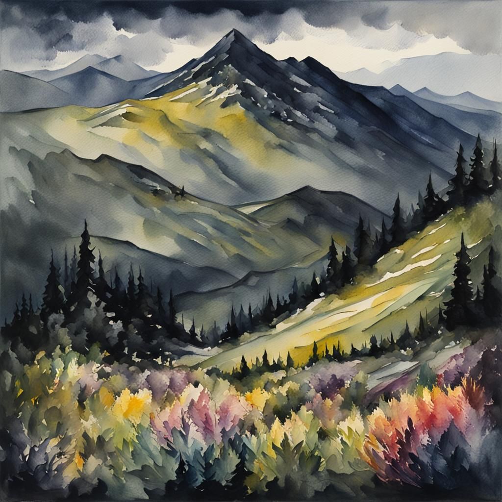 Moody Mountain Landscape in Gouache Watercolor Style