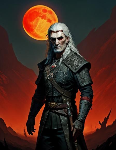 Dark Macabre Fantasy witcher, Baginski, Hieronim Bosh, Dali, red moon, golden sun.