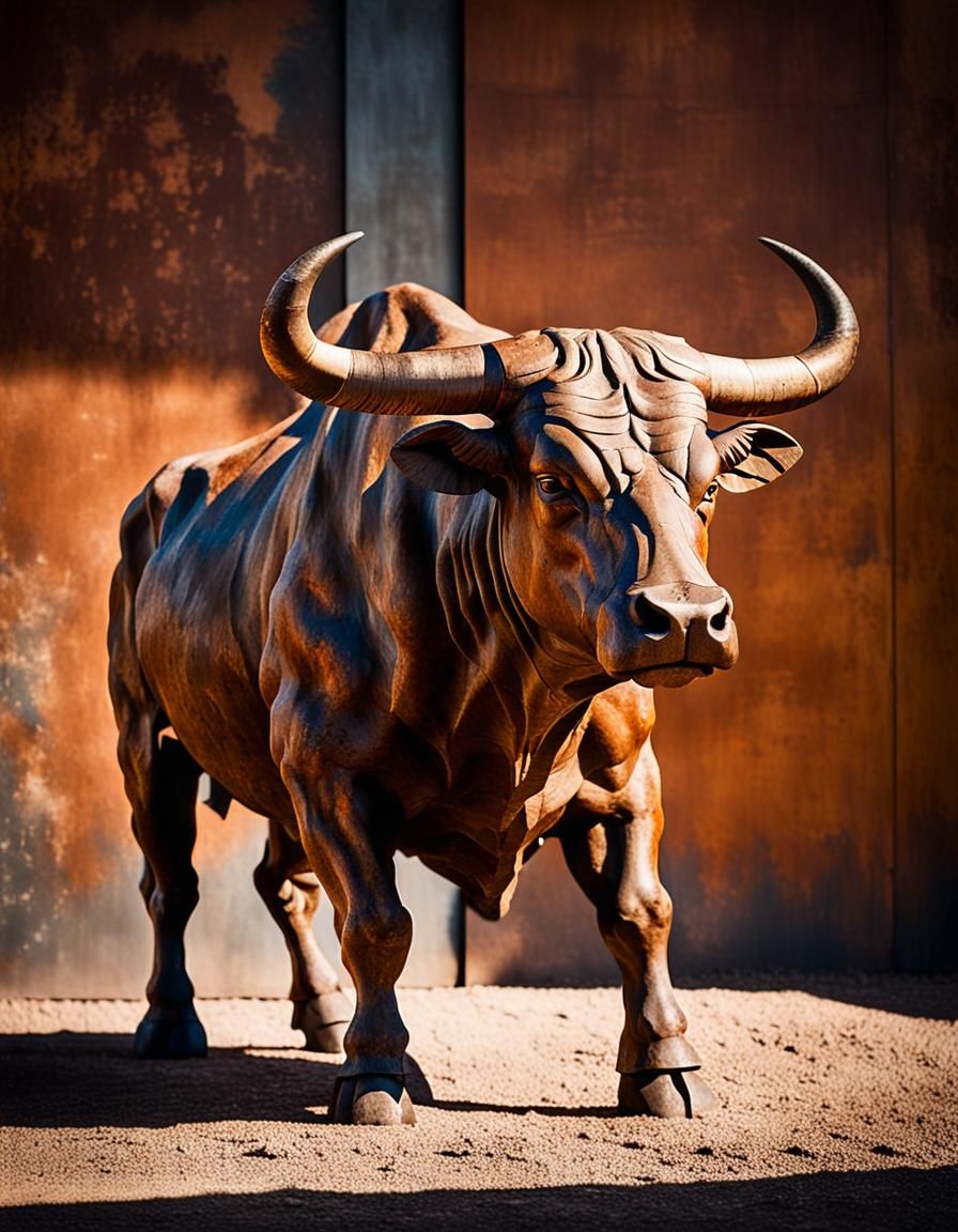 Rusty Metal Fighting Bull Sculpture in Earthy Tones