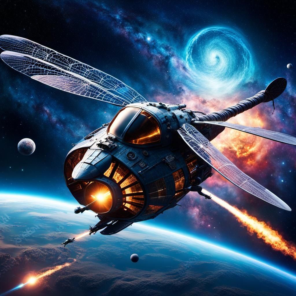 Dragonfly Spaceship Soaring Through the Cosmos