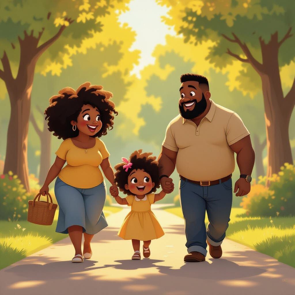 Joyful Morning Walk: Animated Family Scene