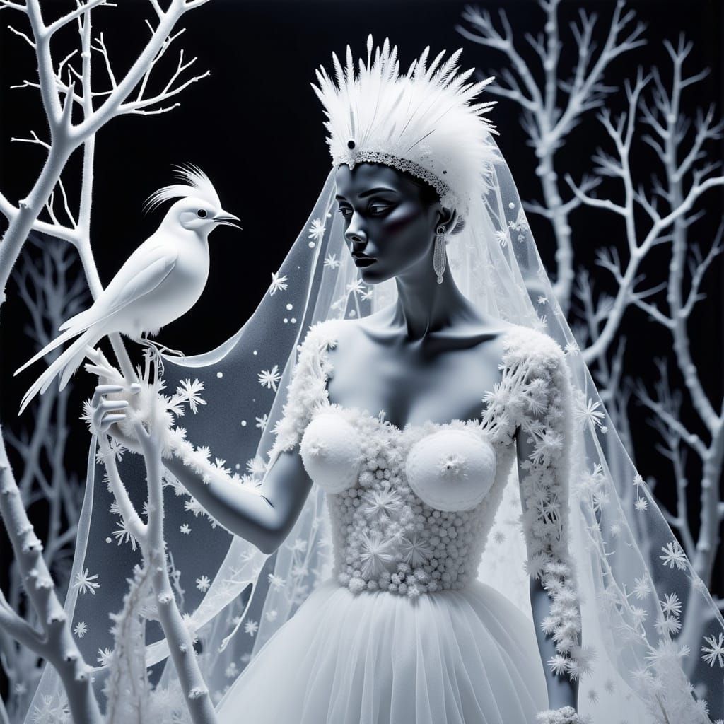 <lora:DDM Calavera 2:1.0>  <lora:Winter Photogram 2:1.0> Winter Queen Mab  Frost, majestic and powerful, with an icicle ...