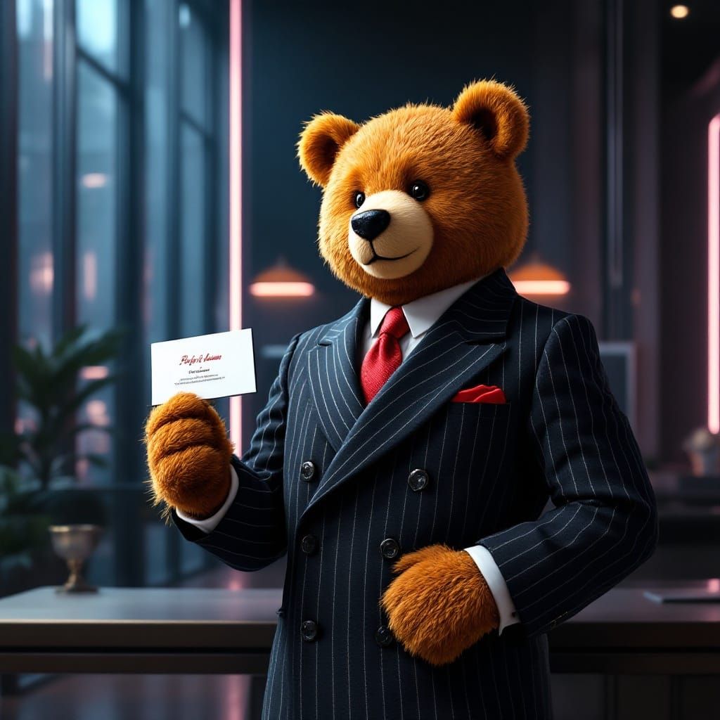 Teddy Bear in 80s Business Attire Poses Confidently in Luxur...