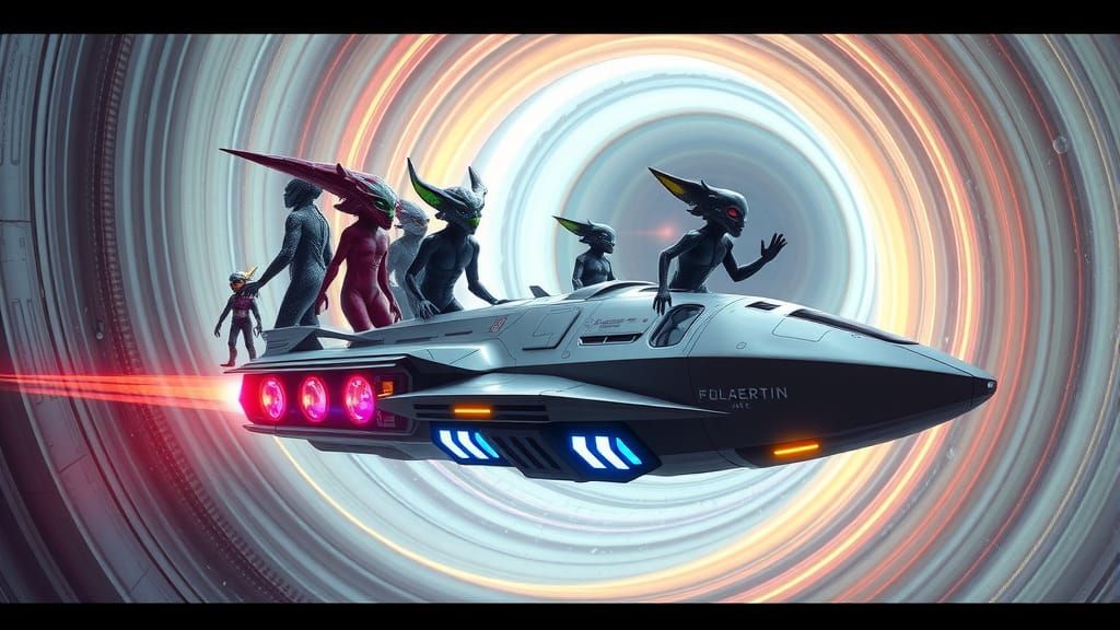 Diverse Aliens Unite in Futuristic Spaceship Soaring through...