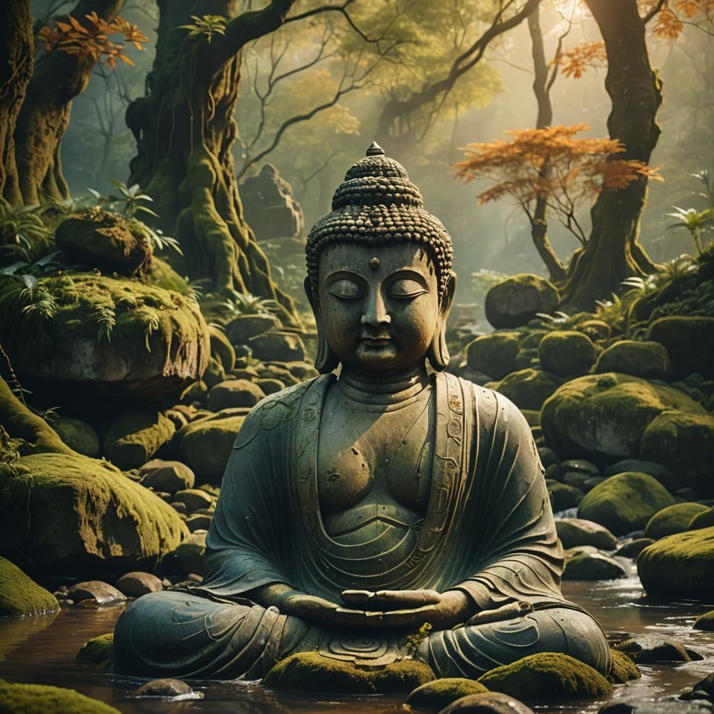 Tranquil Buddha Meditating by River in Golden Light