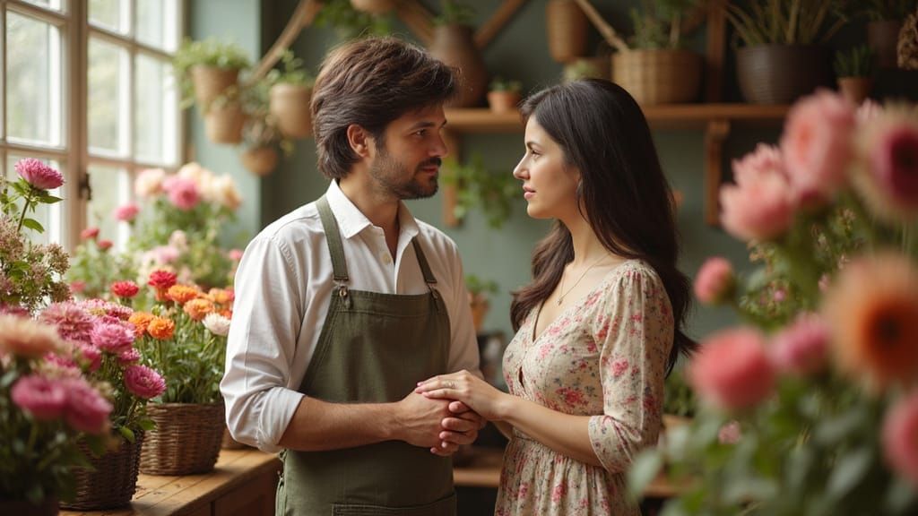 Romantic Florists in Sunlit Flower Shop