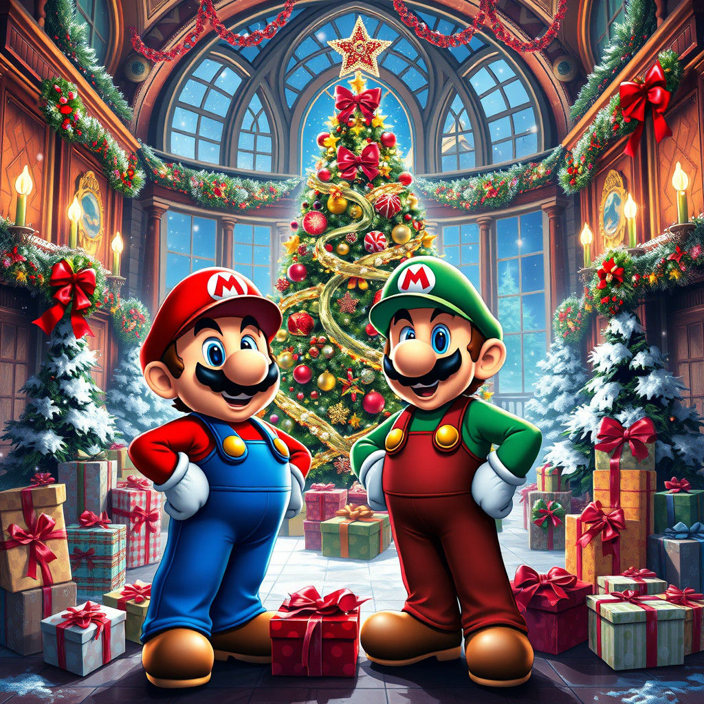 Festive Mario Brothers Christmas Scene in Digital Art