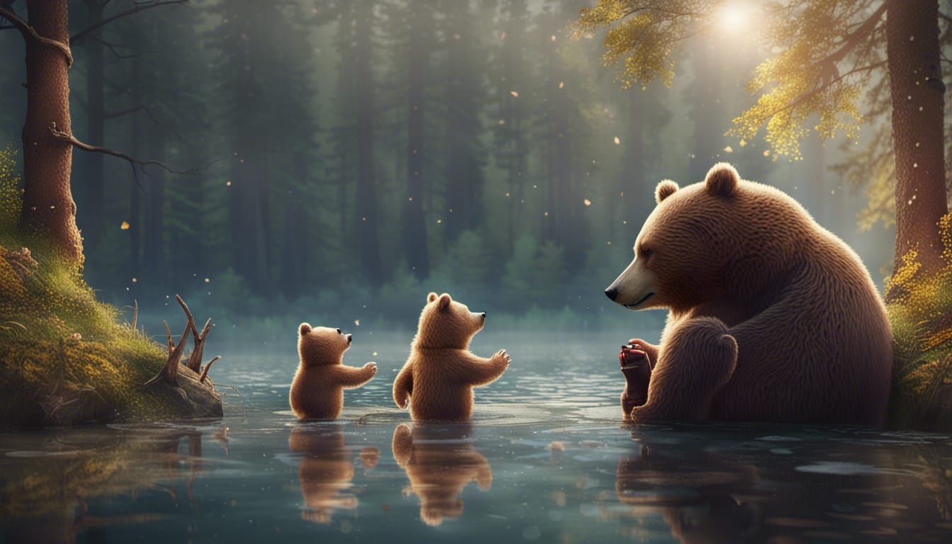Bears Playing Near Lake in Forest, Digital Painting