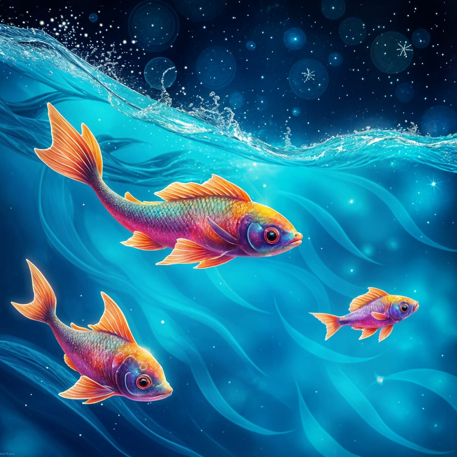 Fluorescent Ocean with Rainbow Creatures at Night