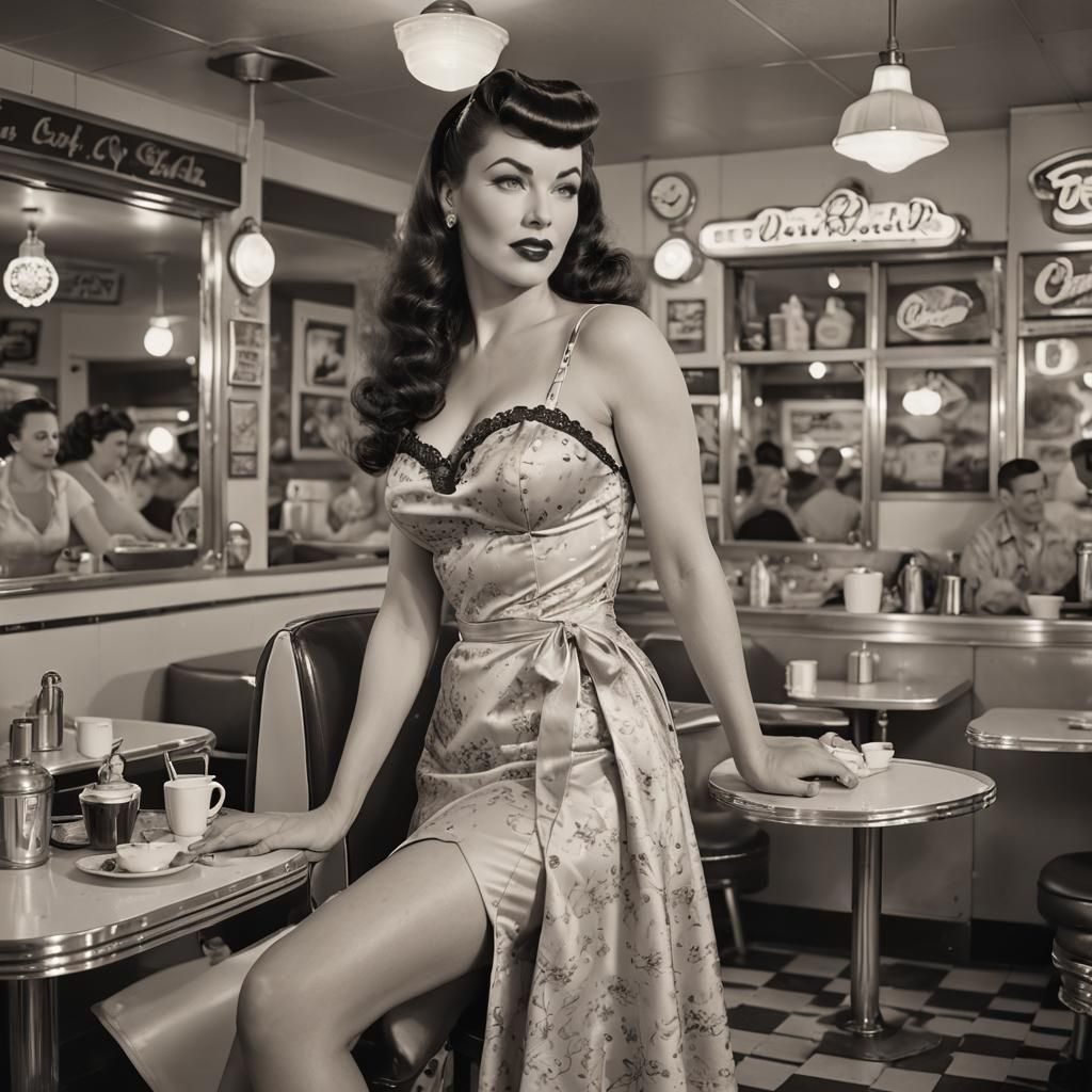 Bettie Page Look-Alike in 1950s Diner