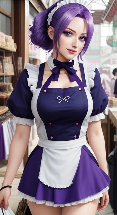 Anime Style Maid at Bazaar with Purple Hair