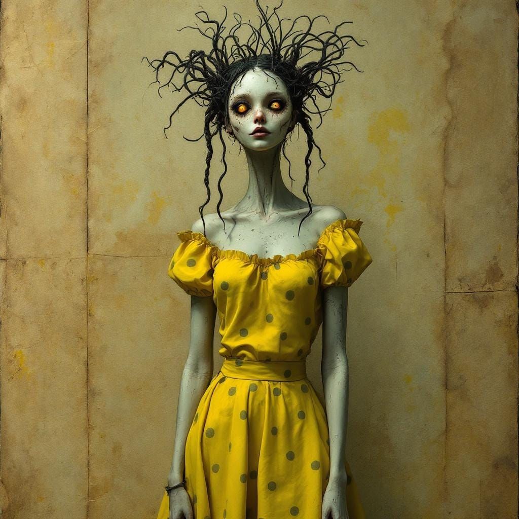 Eerie Doll-like Woman with Twisted Pigtails