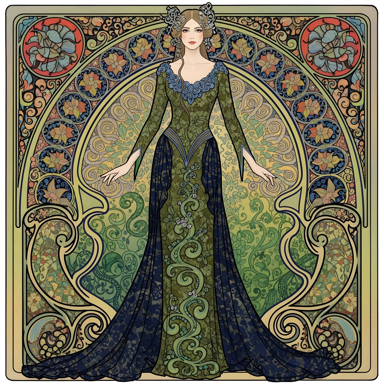 Elegant Woman in Lace Dress, Art Nouveau Style
