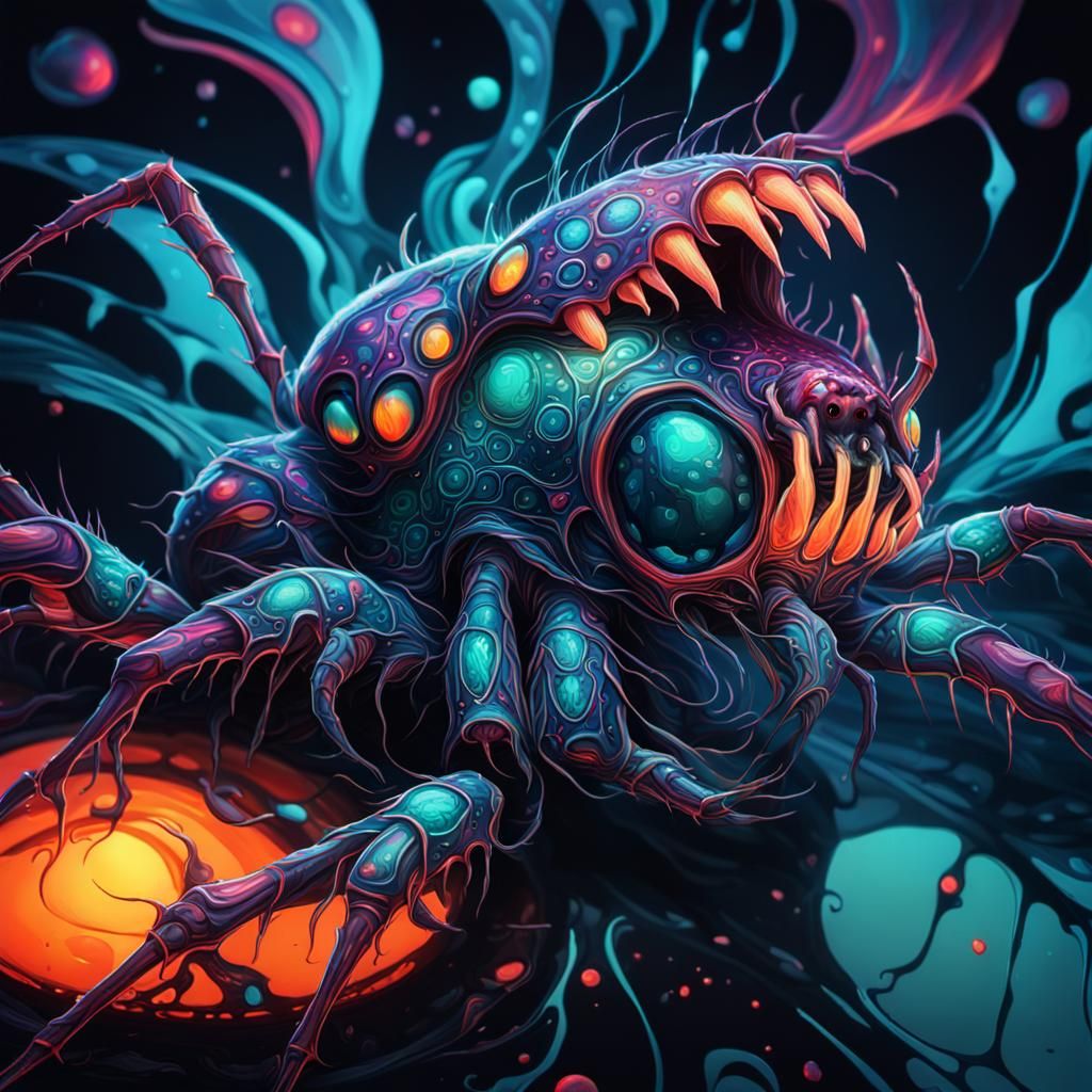 Bioluminescent Spider in Psychedelic Art Nouveau Style