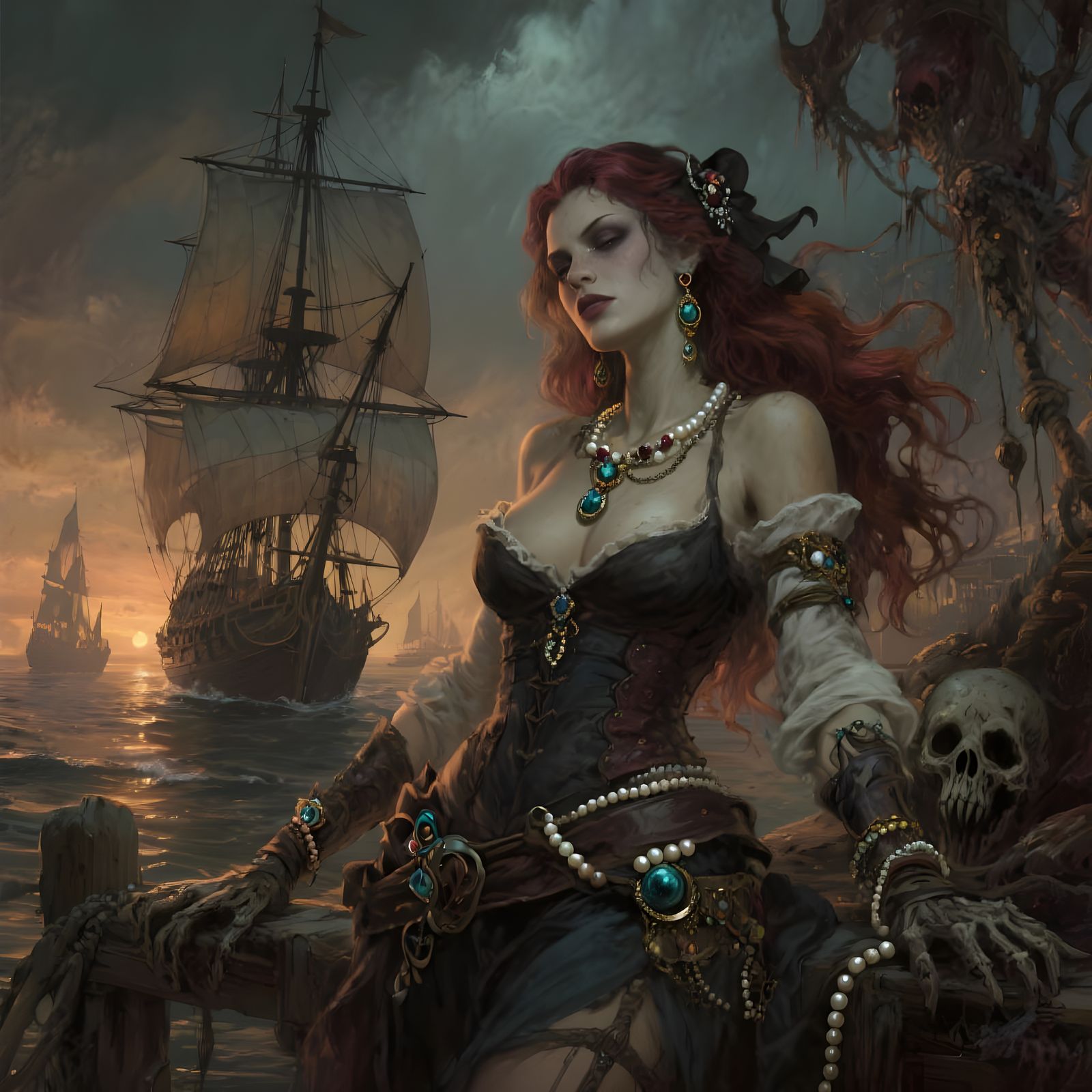 Pirate Harbor Scene in Macabre Illustration Style