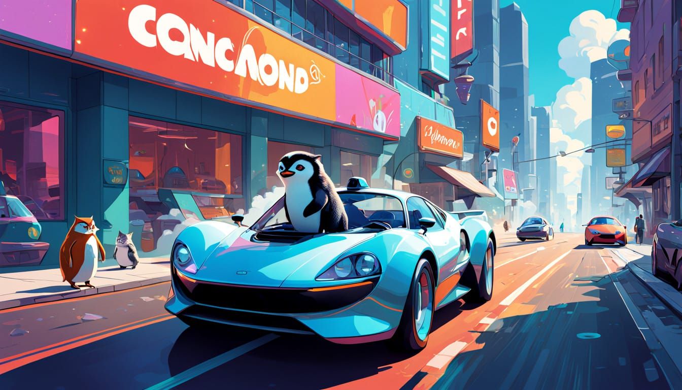 Futuristic Cityscape with Speeding Car and Whimsical Animals
