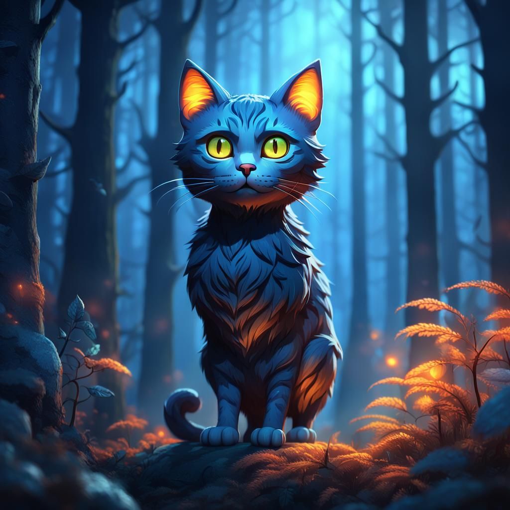 Eerie Forest Cat in Whimsical Fantasy Style