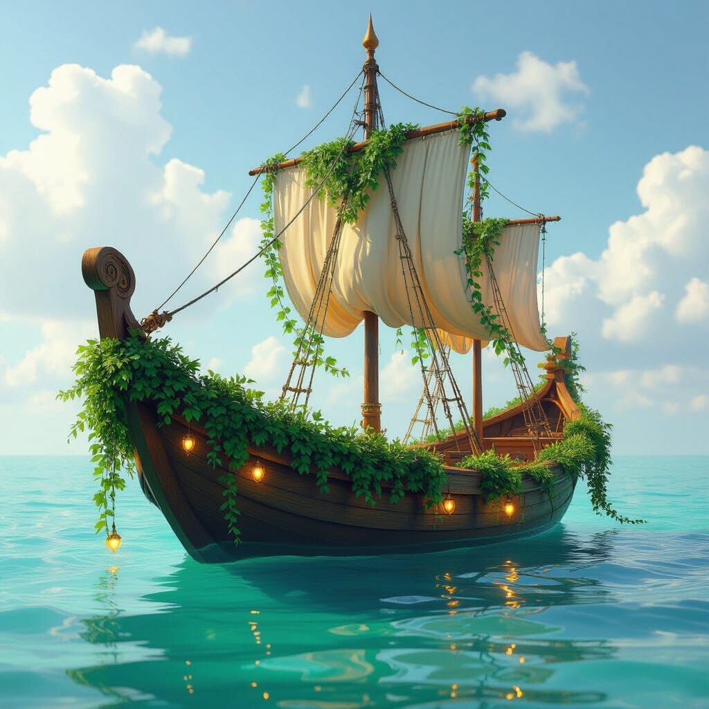 Fantasy Boat on Turquoise Ocean, Golden Ornaments
