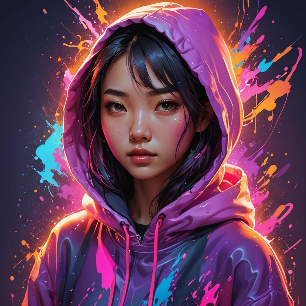 Neon Asian Girl Portrait in Splash Art Style
