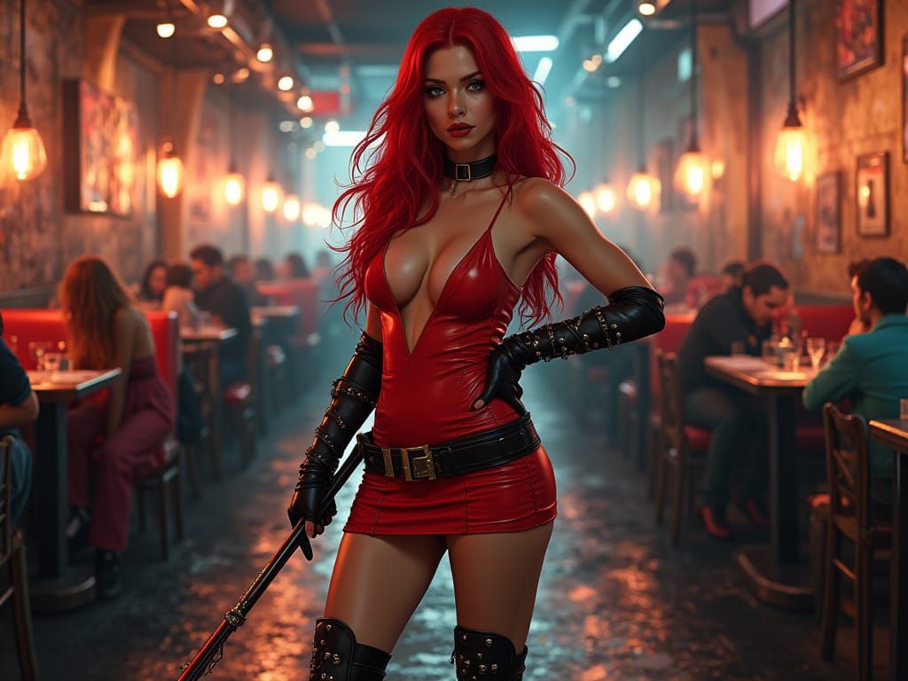 Cyberpunk Woman in Red Dress with Staff