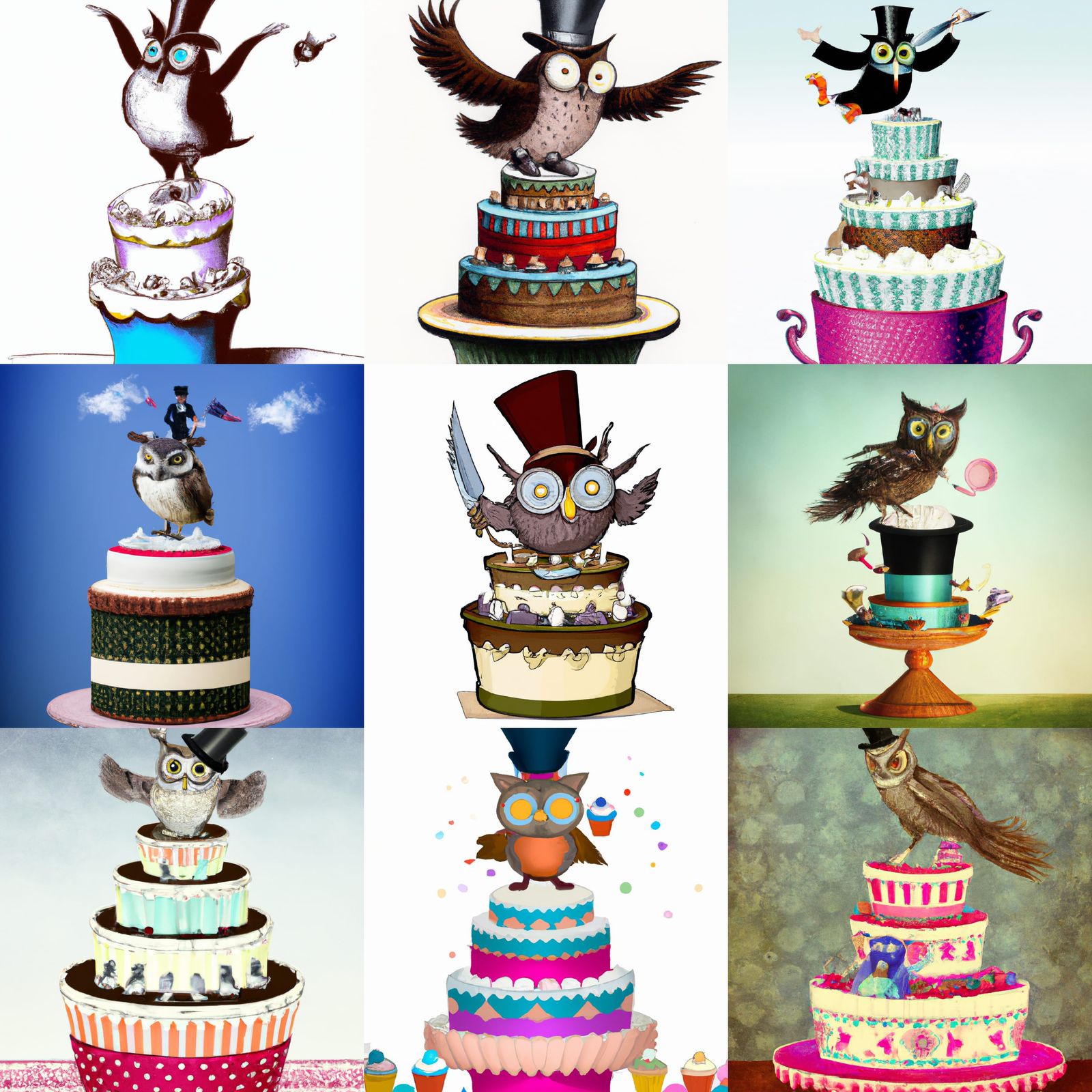 Owl in Top Hat Jumping Out of Cake
