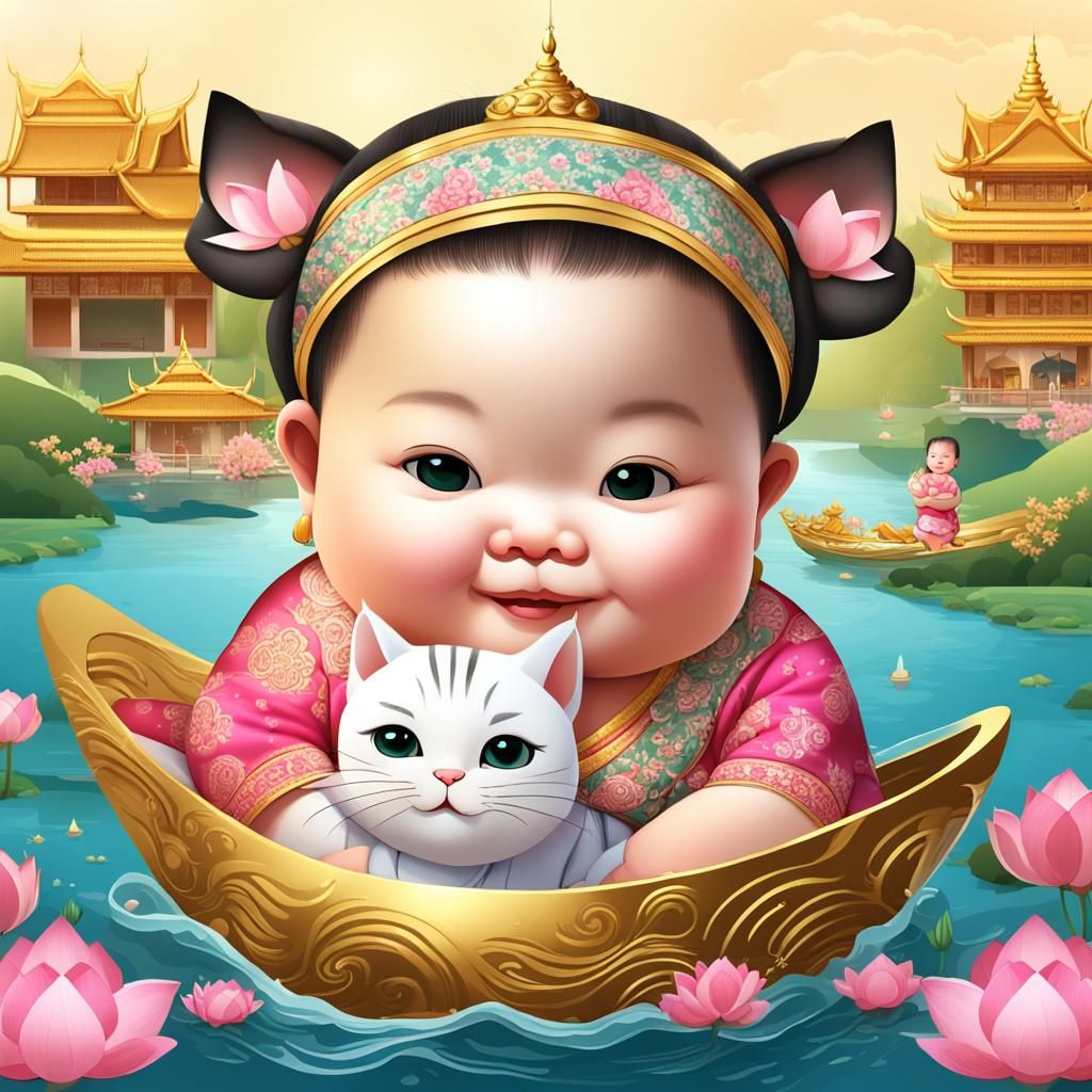 Smiling Child with Cats in Thailand: 3D Render