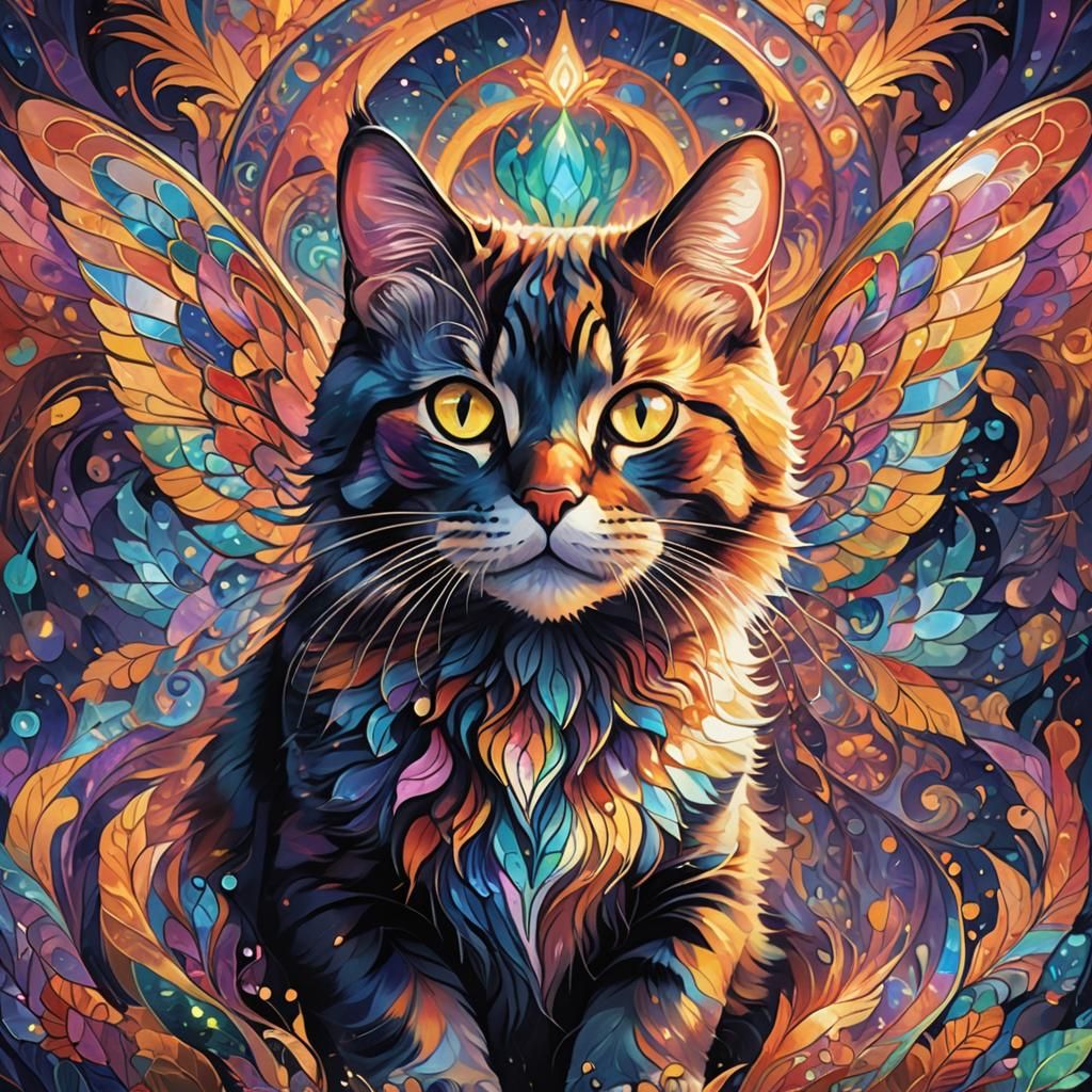 Kaleidoscopic Cat Purring in Venusian Landscape