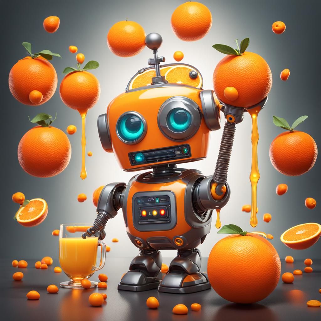 Joyful Orange Robot Juicing Fruit: 3D Digital Art
