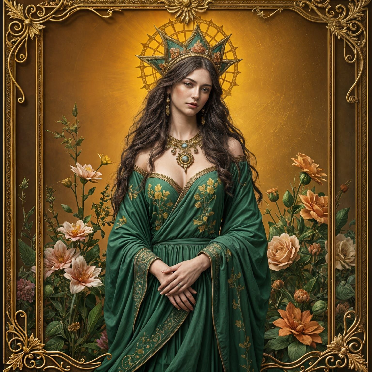 Earth Goddess in Emerald Gown with Vibrant Flowers