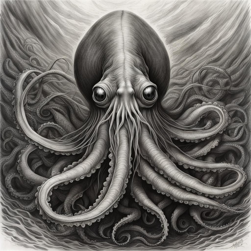 Giant Squid Creature in Charcoal Sketch Style