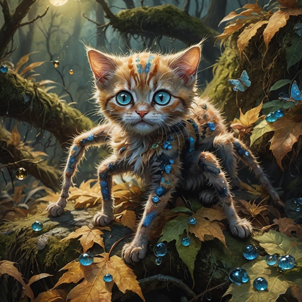 Ginger Kitten-Spider in Misty Forest: Fantasy Creature Art