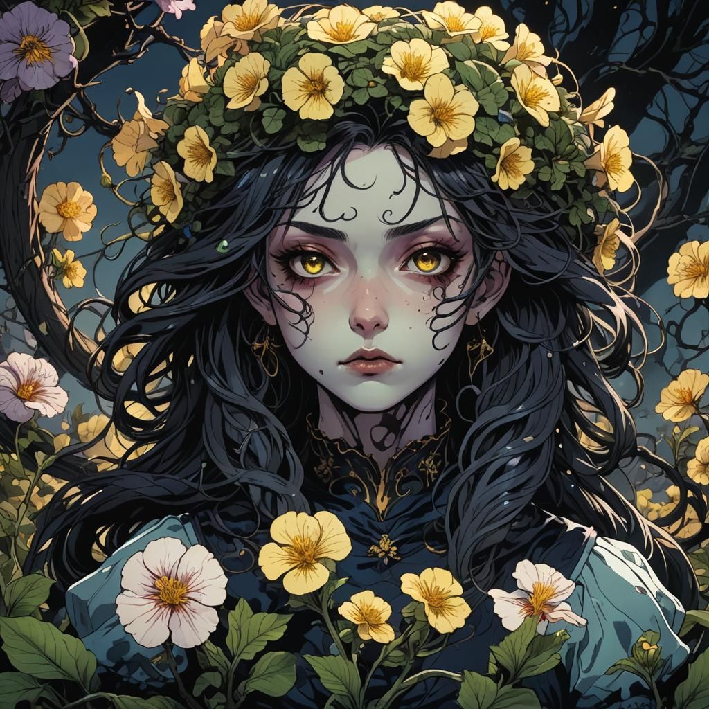 Eerie Primrose Portrait in Dark Fantasy Anime Style
